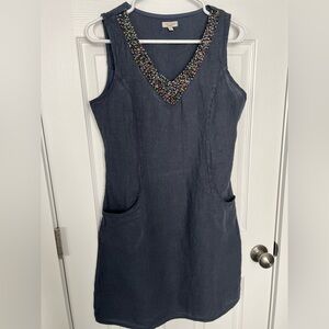 Lina Tomei Women’s Navy Blue Linen Beaded V Neck Dress Medium Vacation Resort